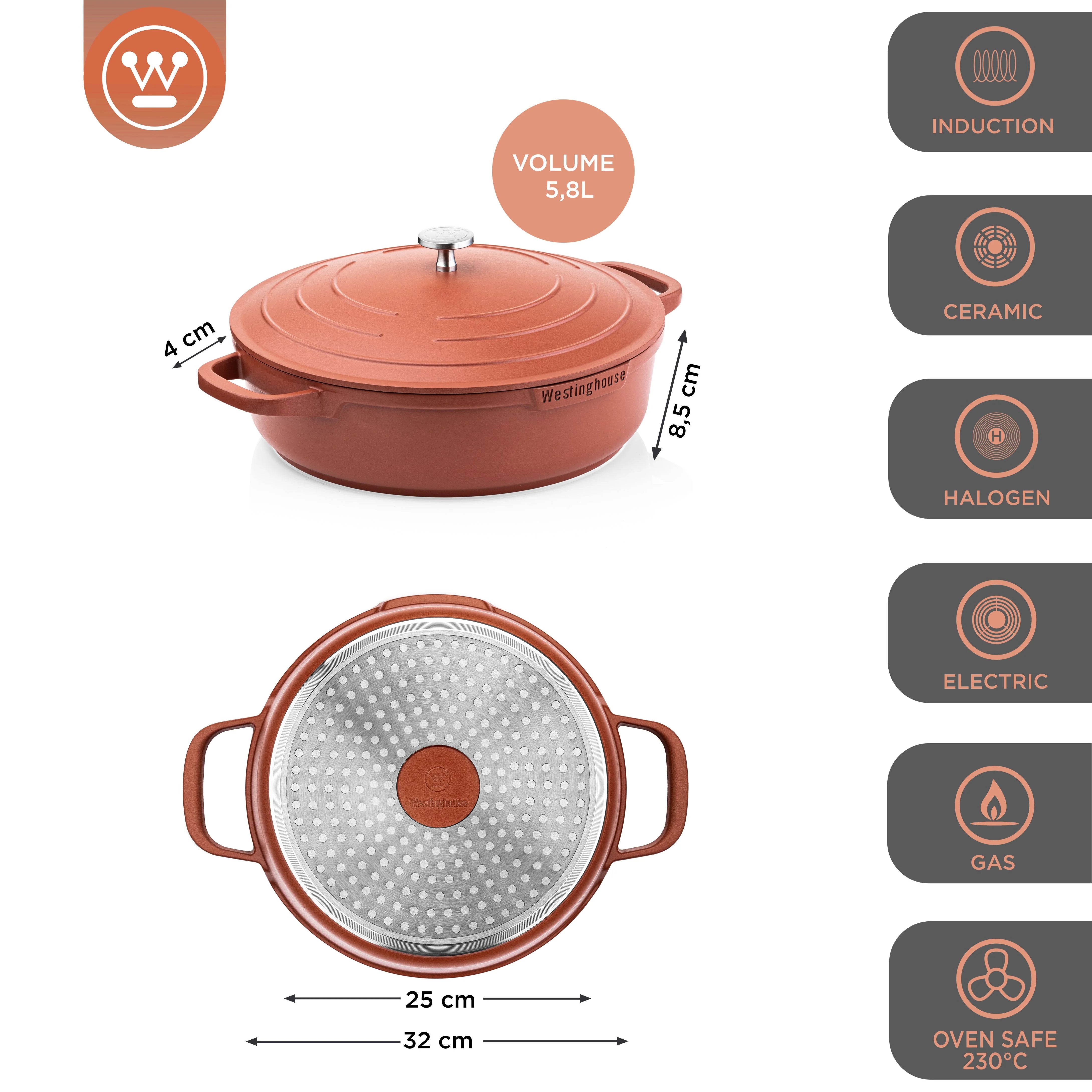 Cacerola Baja Performance Terracota Antiadherente 32 cm Westinghouse (WCCC0095L32OR)