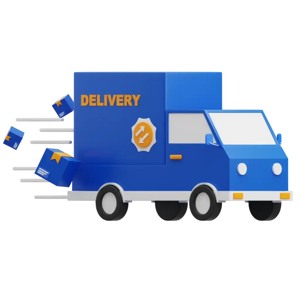 Camión de entrega azul con paquetes voladores.