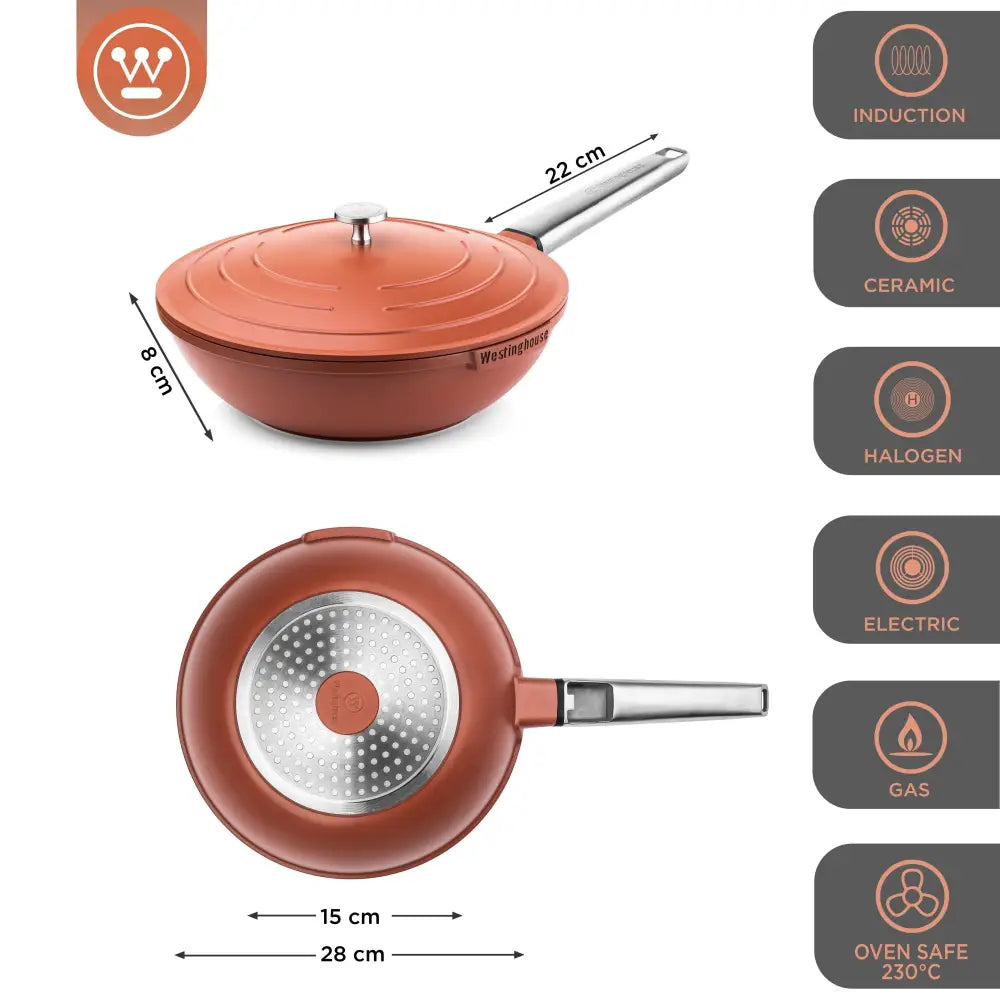 Sartén Tipo Wok con Tapa Performance Terracota 28 cm Westinghouse (WCCW0095028OR)