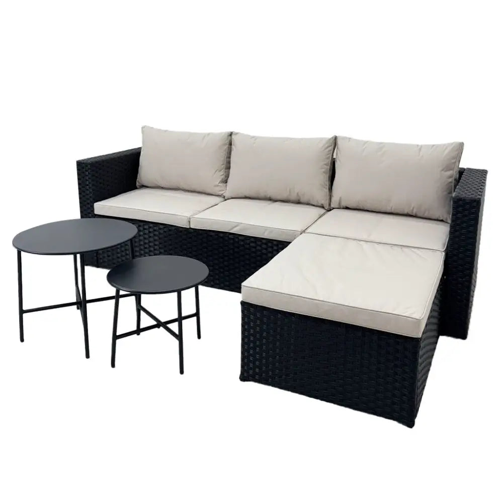 Sofá Seccional en L de Ratán Sintético Negro y Tela Lino Beige con Mesitas Tokoa (EX 7167) Juego Terraza