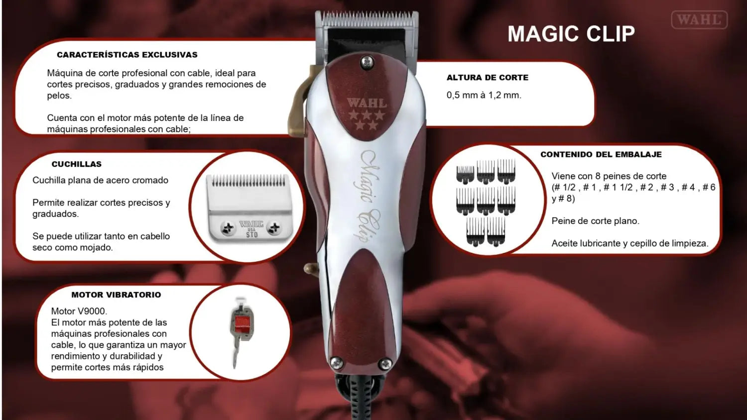 Cortadora de cabello profesional Wahl Magic Clip con cuchilla cromada plana y accesorios