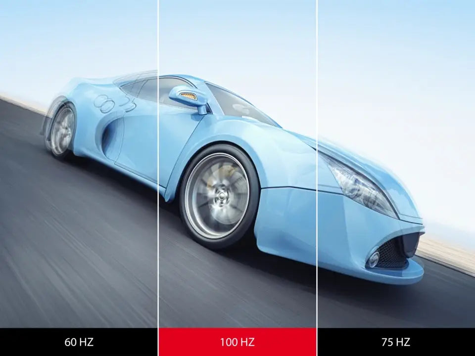 Coche deportivo azul con desenfoque de rueda en Monitor Viewsonic VA 22 Full HD 1080p.