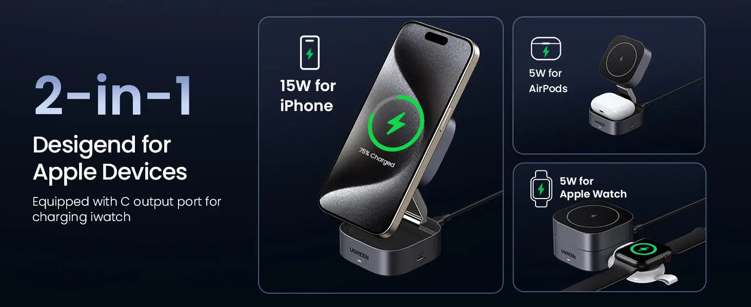 Altavoz de carga magnética inalámbrica 2 en 1 con soporte plegable para iPhone Apple