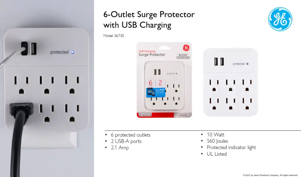 Imagen del protector de picos 6 tomas con puertos USB pared 560J GE
