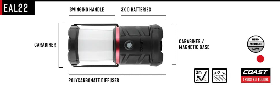 Linterna Coast EAL22 LED recargable con luz roja, resistente y ideal para emergencia.