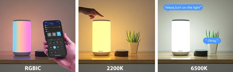 Lámpara de mesa inteligente Aura Govee RGB con cambio de color, compatible con aplicación Govee Home.