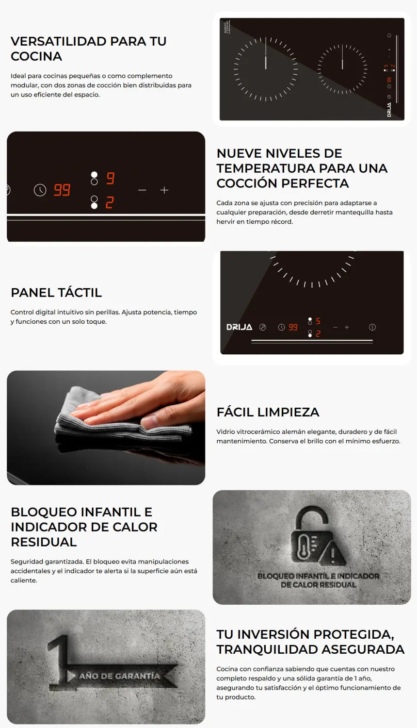Características del fogón de inducción Plantilla Eléctrica Empotrable 2 Discos Drija Berlín 30 con táctil digital y schott ceran