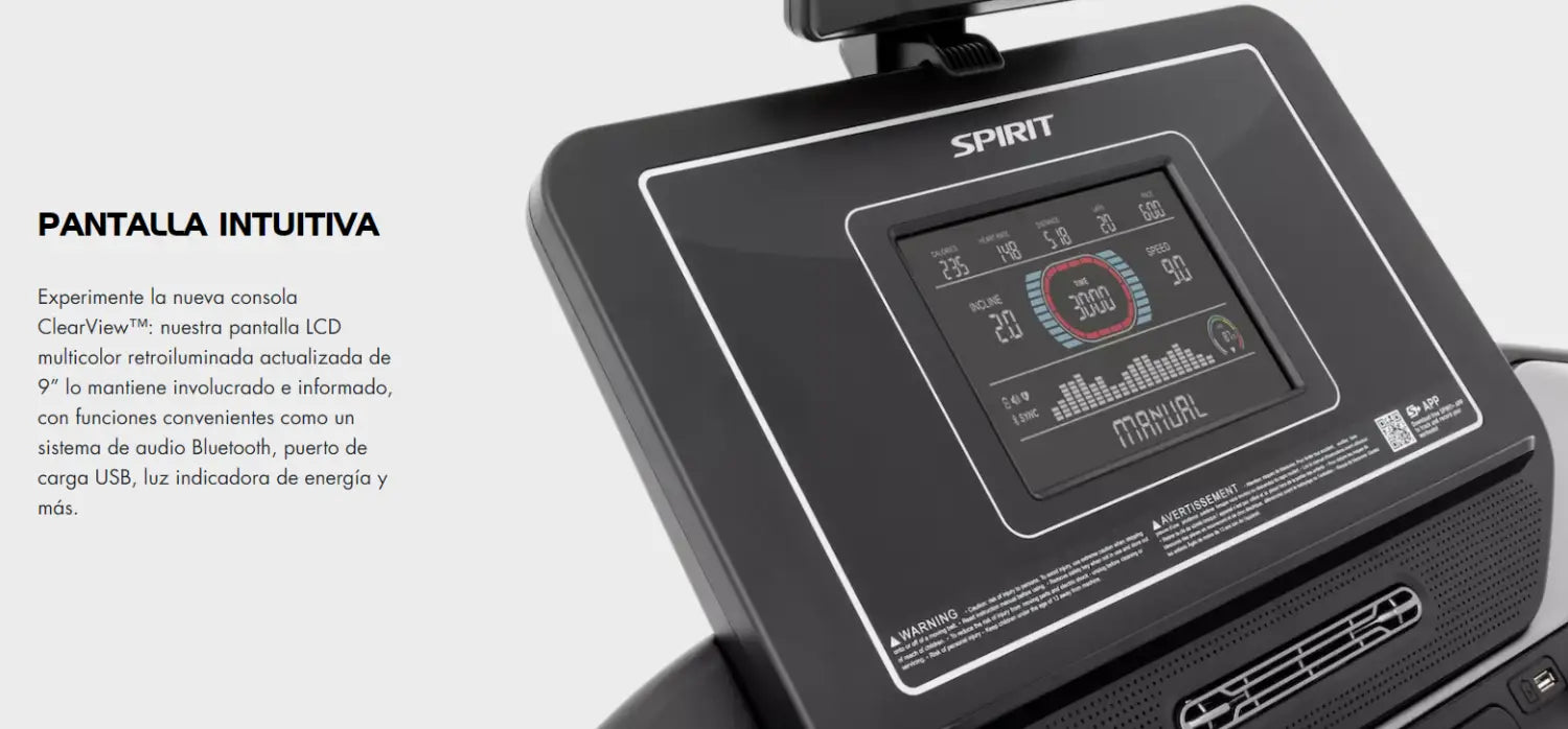 Consola de Caminadora Eléctrica 4.0 HP Spirit XT685 con pantalla LCD y monitoreo de frecuencia cardíaca.