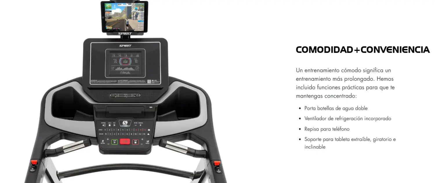 Caminadora Eléctrica 4.0 HP Spirit XT685 con soporte para tablet y monitor de frecuencia cardíaca.