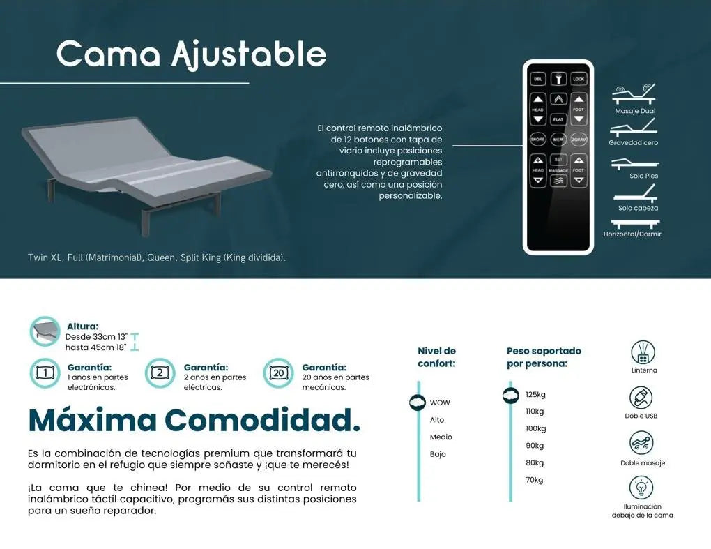 Cama Ajustable Eléctrica con Colchón Serene Gold Ortopédico