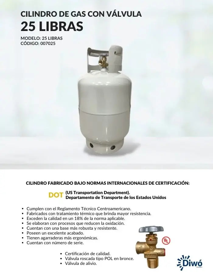 Cilindro de Gas de 25 Libras Diwó blanco, seguro y con envío en Costa Rica.