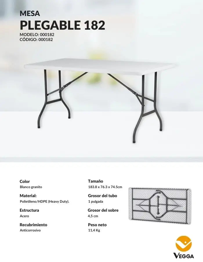 Mesa rectangular plegable de 182cm Vegga, mesa blanca con patas negras.