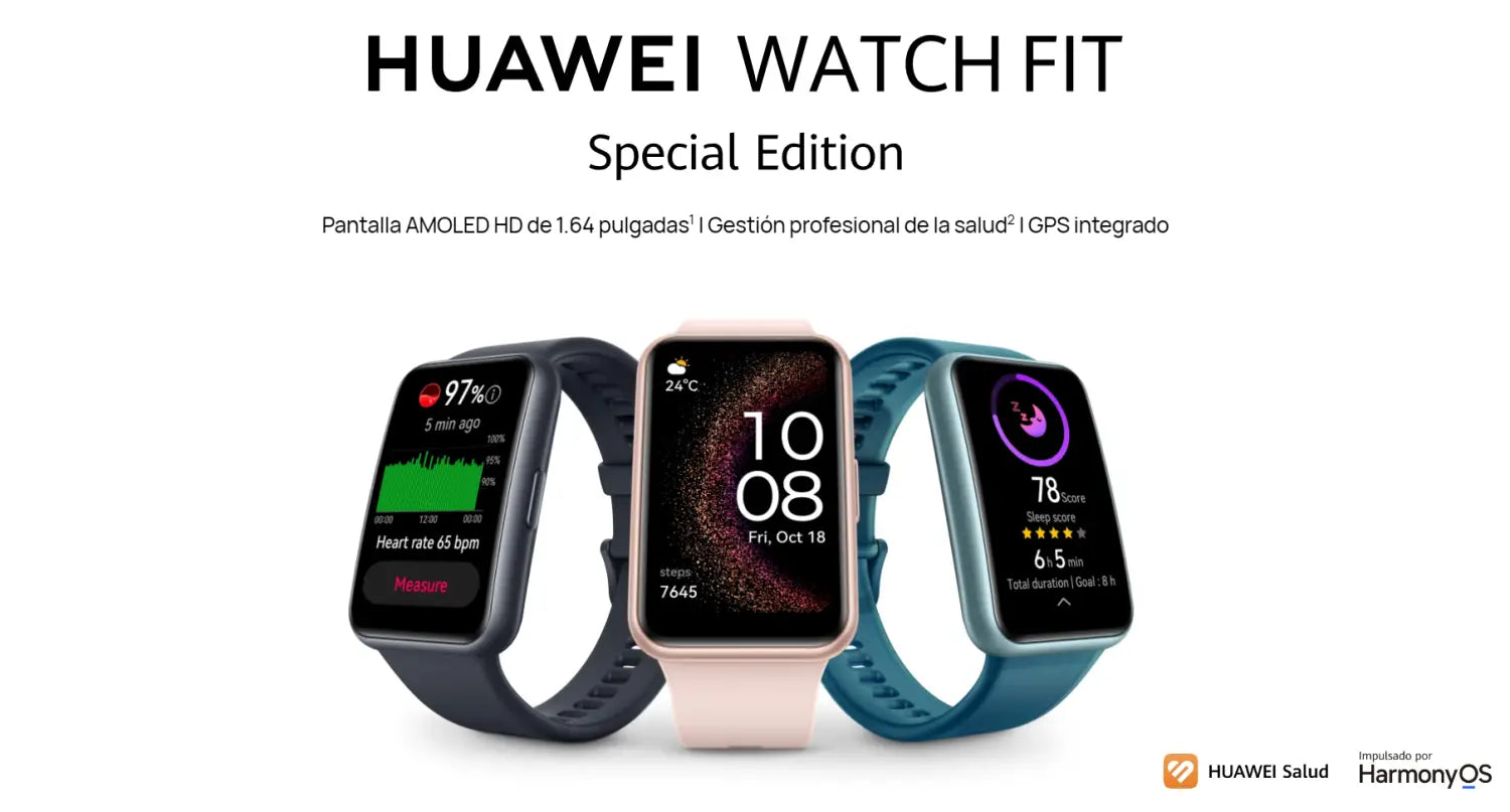 Tres smartwatches Huawei, destacando el Pulsera Inteligente Huawei Watch Fit SE Rosada.