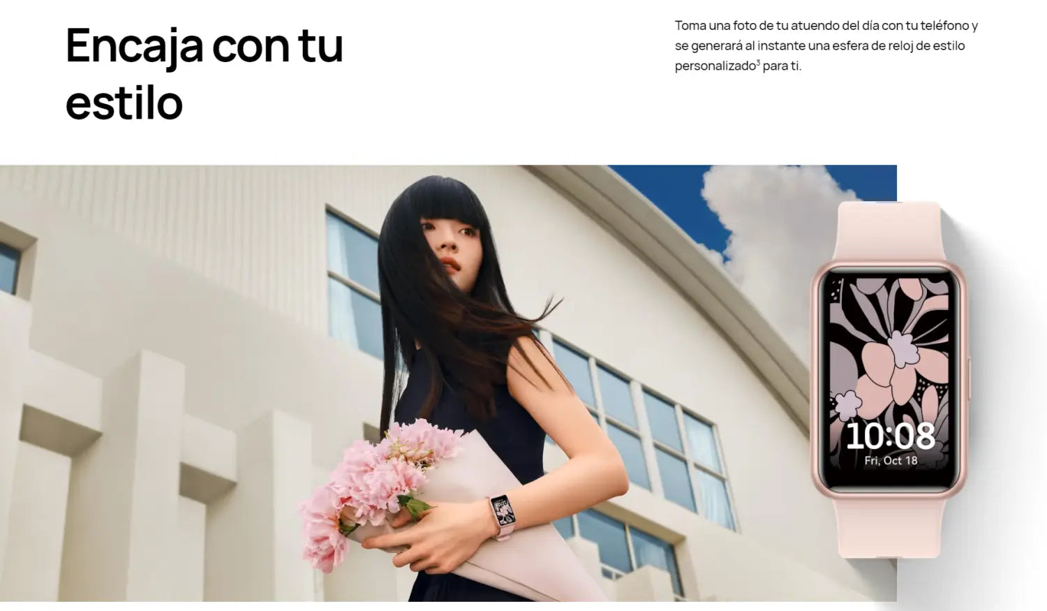 Smartwatch rosa con pantalla floral, Pulsera Inteligente Huawei Watch Fit SE Rosada.