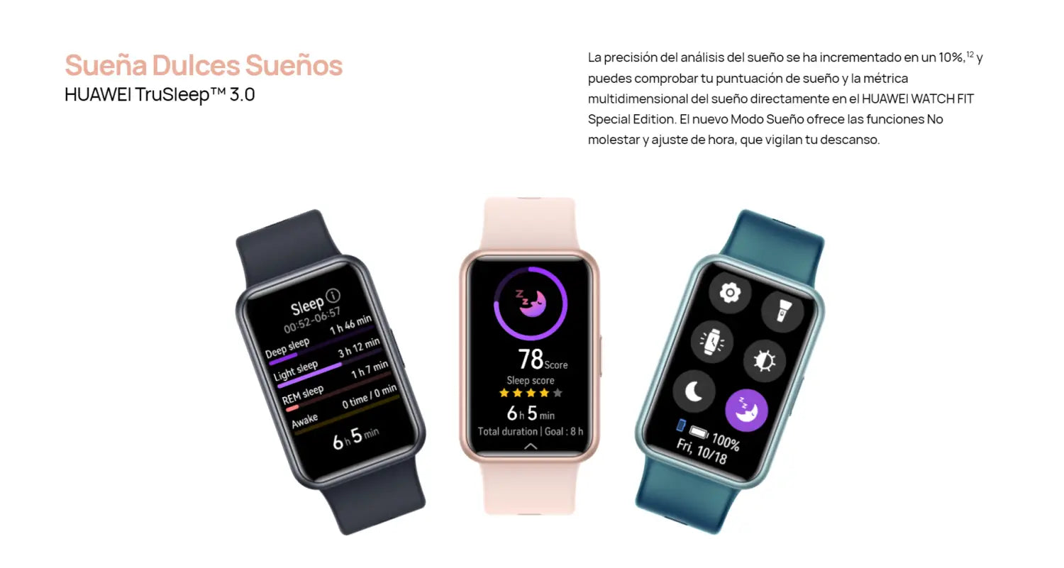 Smartwatch Huawei Watch Fit SE mostrando datos de sueño con tecnología Huawei TruSeen.