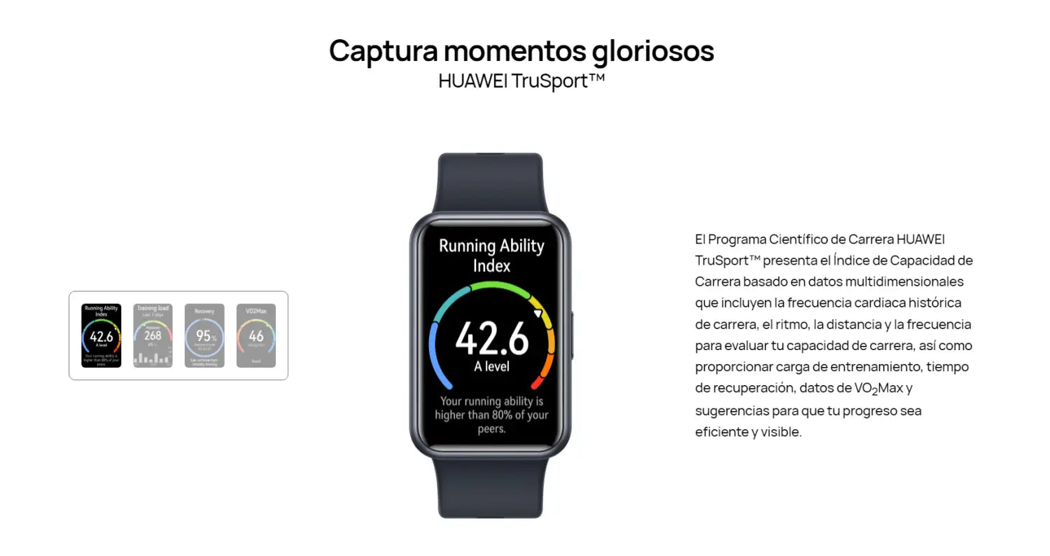 Smartwatch Huawei Watch Fit SE Rosada mostrando el índice de capacidad de correr.