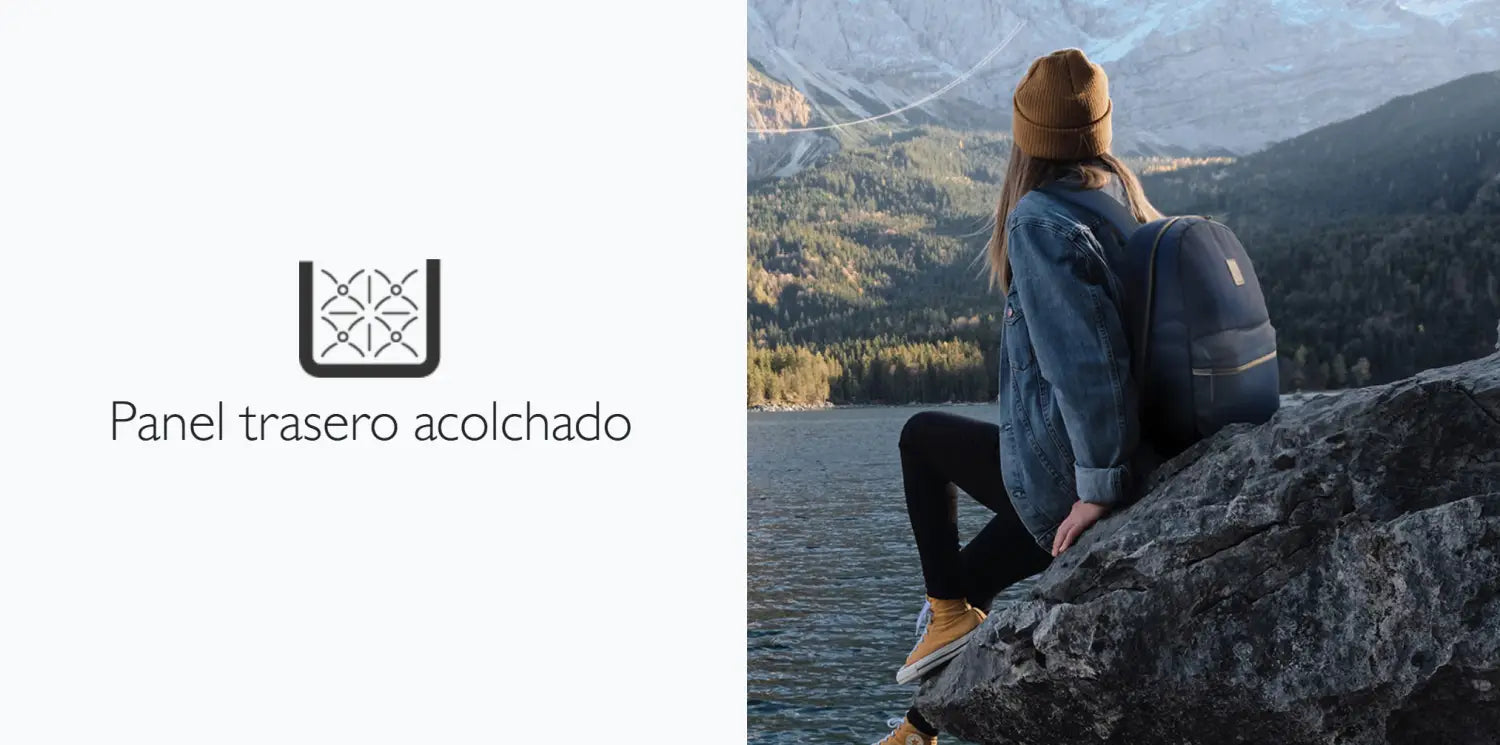 Mujer con mochila Klip Xtreme Berna disfrutando del lago y su separador interior.