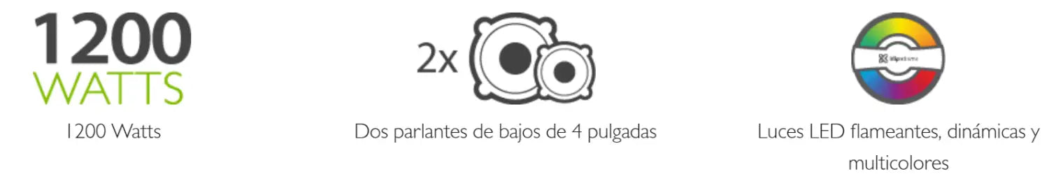 Sistema de altavoces Klip Xtreme BoomFire KLS-100 con luces LED encendidas y micrófono.