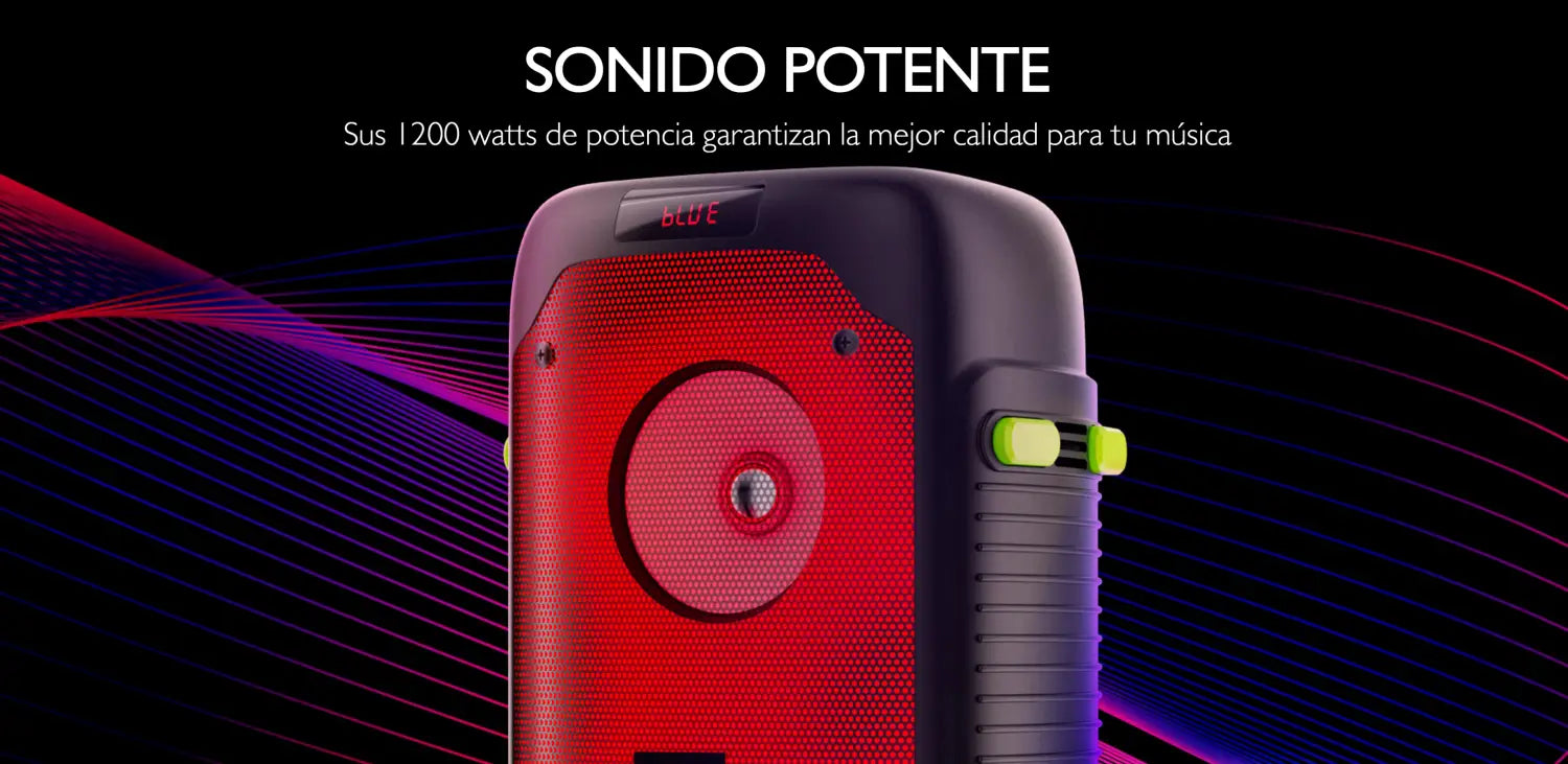 Parlante Inalámbrico Portátil Klip Xtreme BoomFire con luces LED encendidas en rojo y negro.