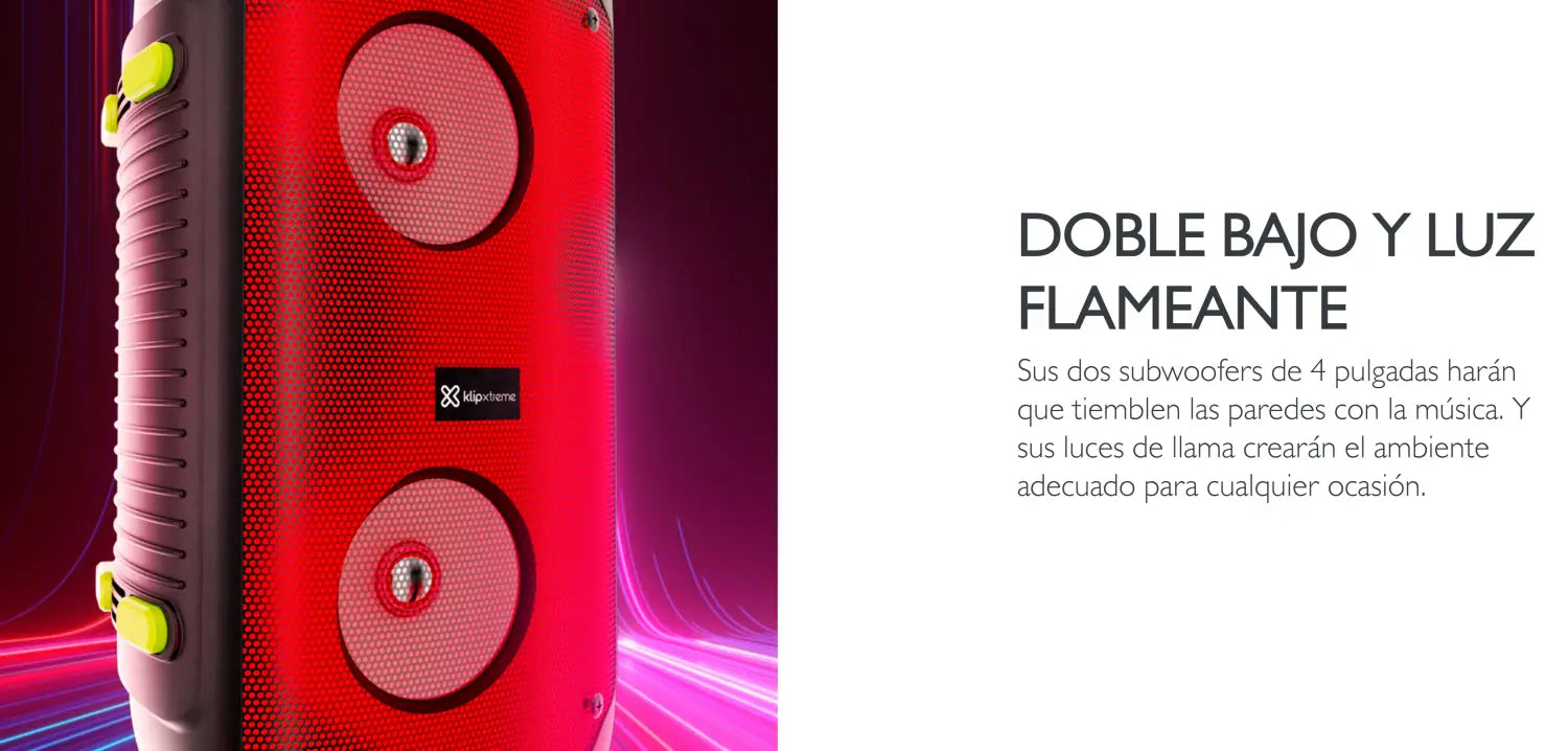Parlante Inalámbrico Portátil Klip Xtreme BoomFire KLS-100 con luces LED encendidas.