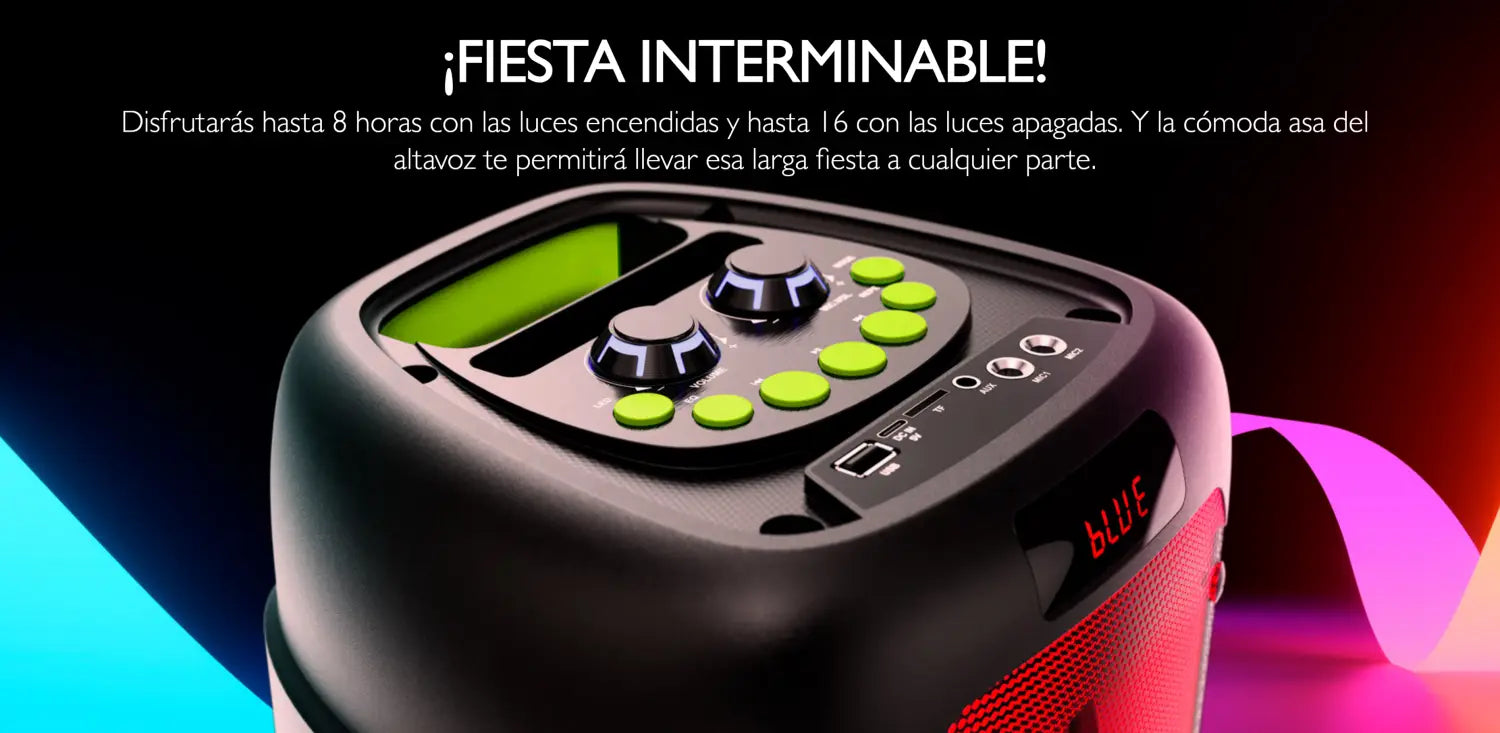 Parlante Inalámbrico Portátil Klip Xtreme BoomFire con luces LED encendidas.