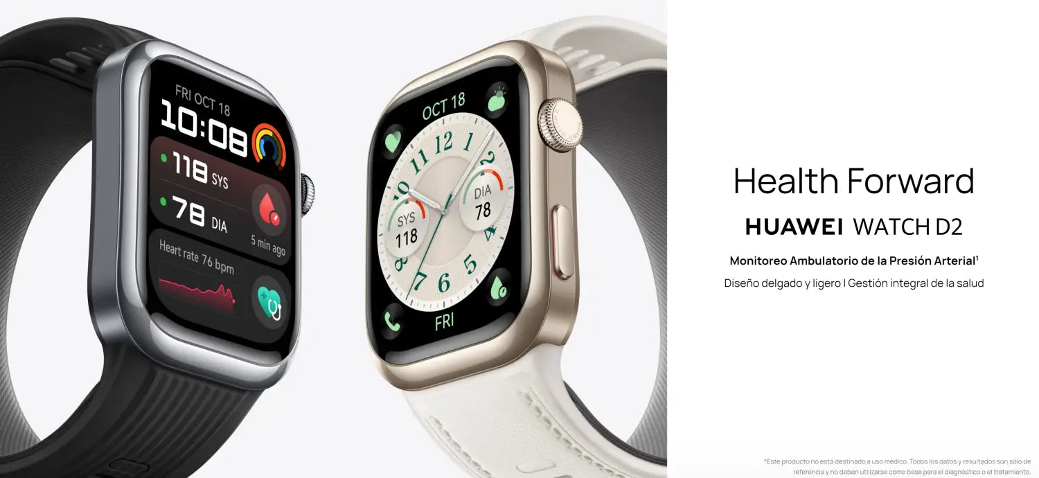 Dos relojes inteligentes Huawei con monitoreo de presión arterial y salud.