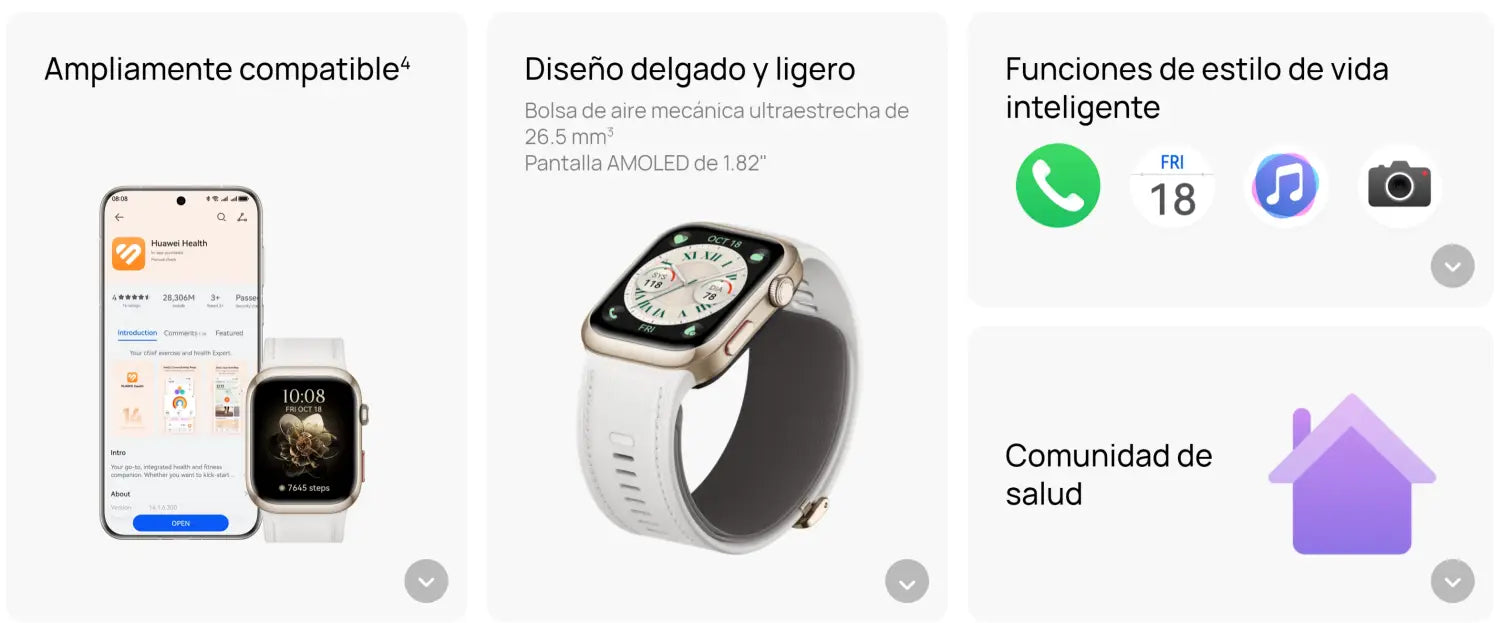 Pantalla de características del Reloj Inteligente Huawei Watch D2 Dorado y presión arterial.