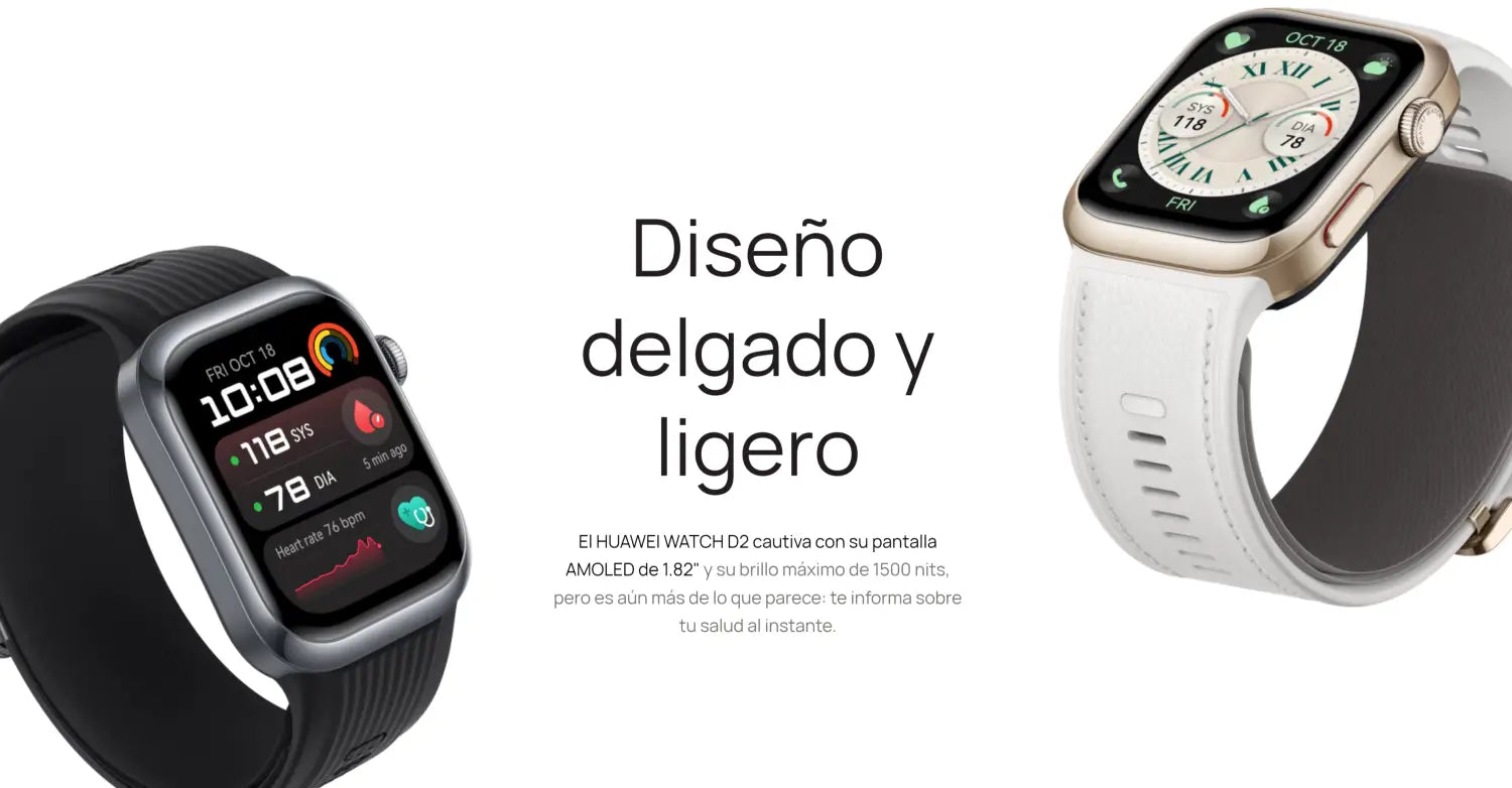 Dos relojes inteligentes Huawei con diferentes bandas y funcionalidad de presión arterial.