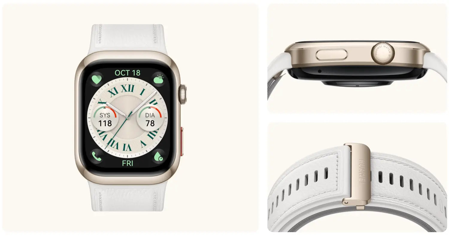 Reloj Inteligente Huawei Watch D2 Dorado con banda blanca y monitoreo de presión arterial.
