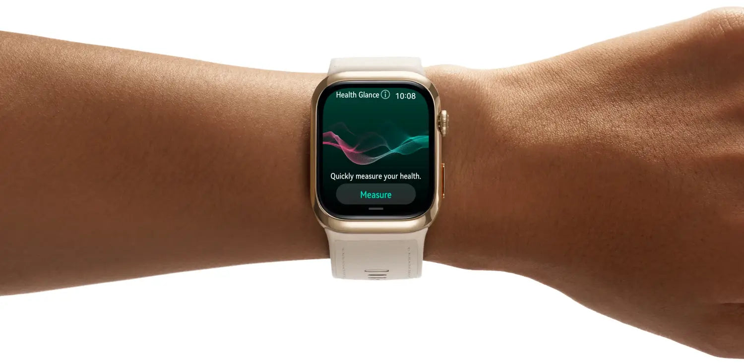 Reloj Inteligente Huawei Watch D2 Dorado con sensor de presión arterial y app de salud.