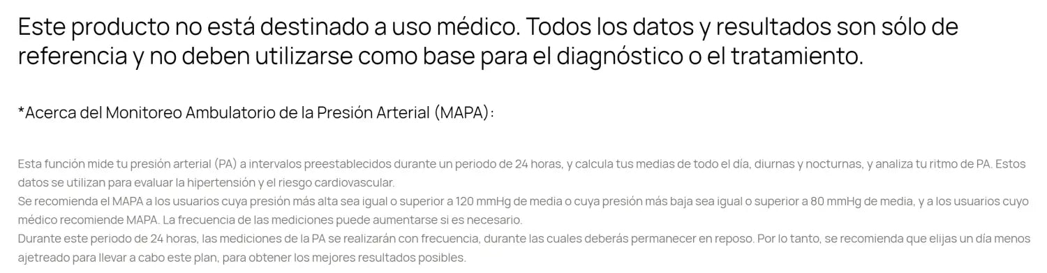 Texto en español sobre el uso de dispositivos médicos en Reloj Inteligente Huawei.