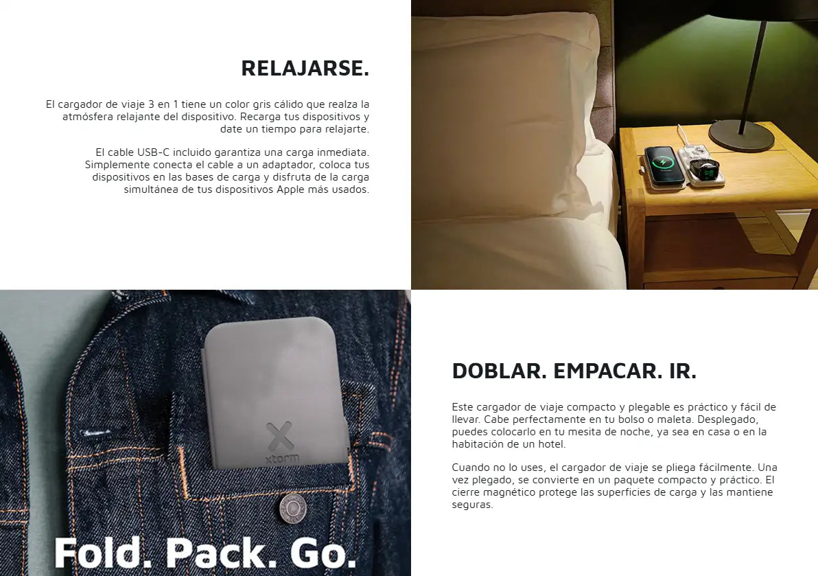 Anuncio de cargador de viaje plegable 3 en 1 para dispositivos diarios y Apple Watch