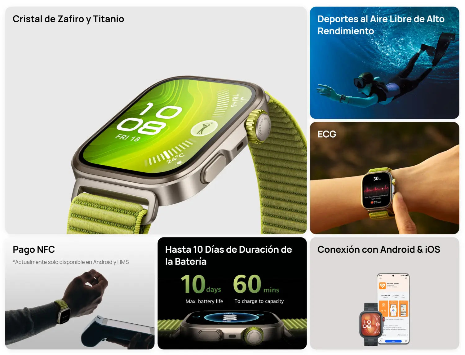 Reloj inteligente Huawei Watch Fit con banda verde, compatible con reloj inteligente Huawei.