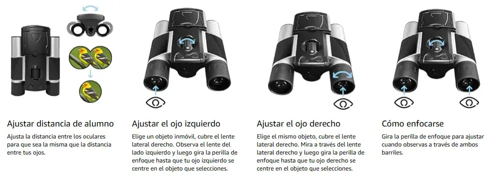 Instrucciones de ajuste para binoculares digitales con pantalla LCD y zoom óptico.
