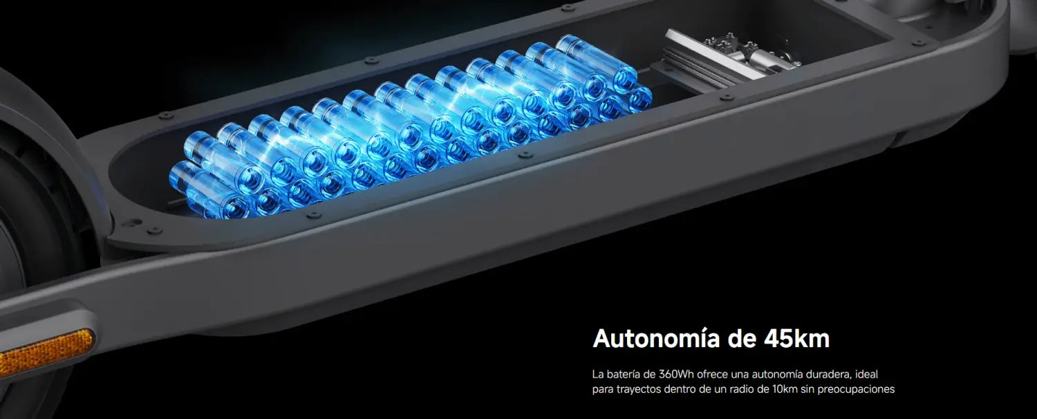 Imagen de la batería del scooter eléctrico Xiaomi Elite US con células azules y alcance de 45km