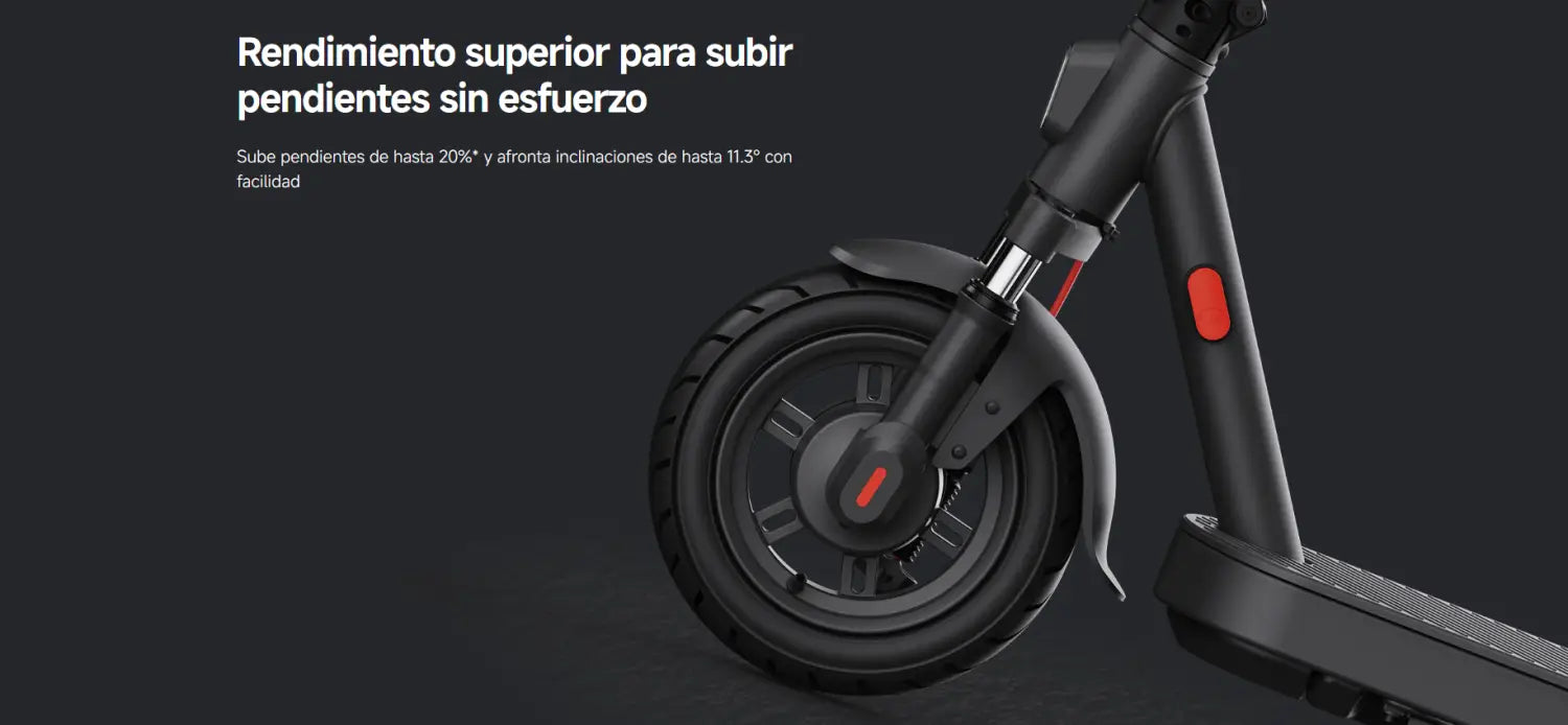 Imagen de scooter eléctrico Xiaomi Elite US mostrando su rueda frontal y capacidades de escalada