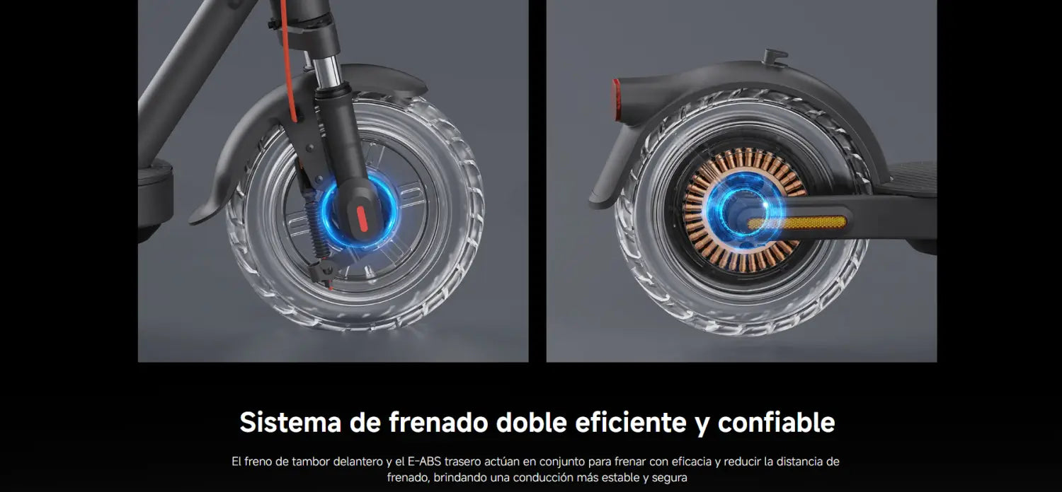 Imagen del scooter eléctrico Xiaomi Elite US con doble sistema de frenos en ruedas delanteras y traseras