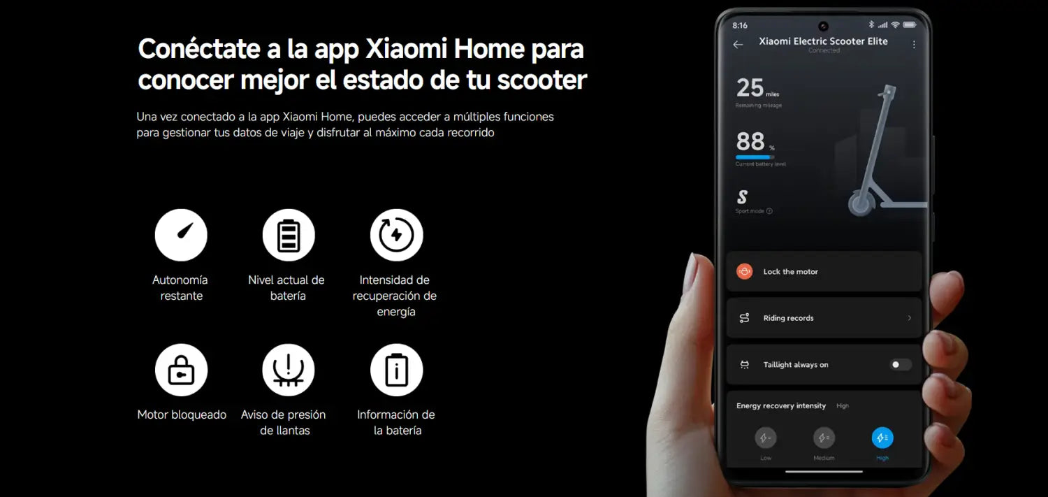 Imagen de un smartphone con la app del Xiaomi Electric Scooter Elite mostrando estado y control