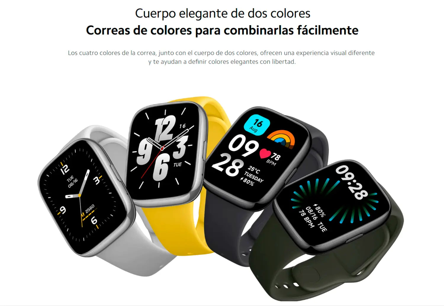 Cuatro Reloj Inteligente Xiaomi Redmi Watch 3 Active con bandas de colores y pantalla grande.