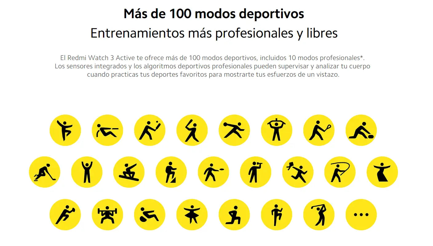 Variedad de íconos deportivos en Reloj Inteligente Xiaomi Redmi Watch 3 Active Negro.