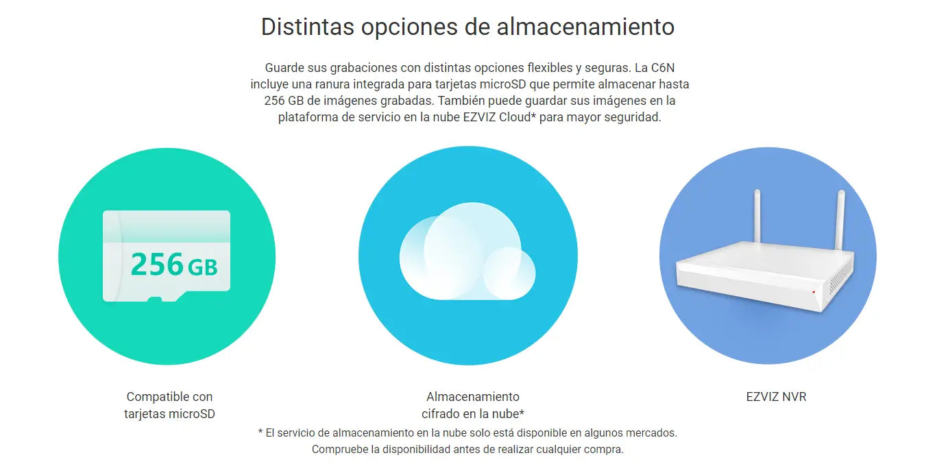 Opciones de almacenamiento para Cámara de Seguridad EZVIZ C6N con reducción digital.