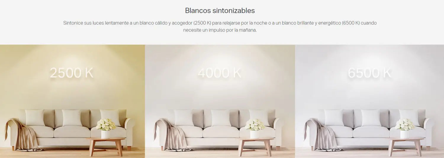 Sala de estar con iluminación ajustable usando Bombilla Multicolor TP-Link en cualquier lugar.