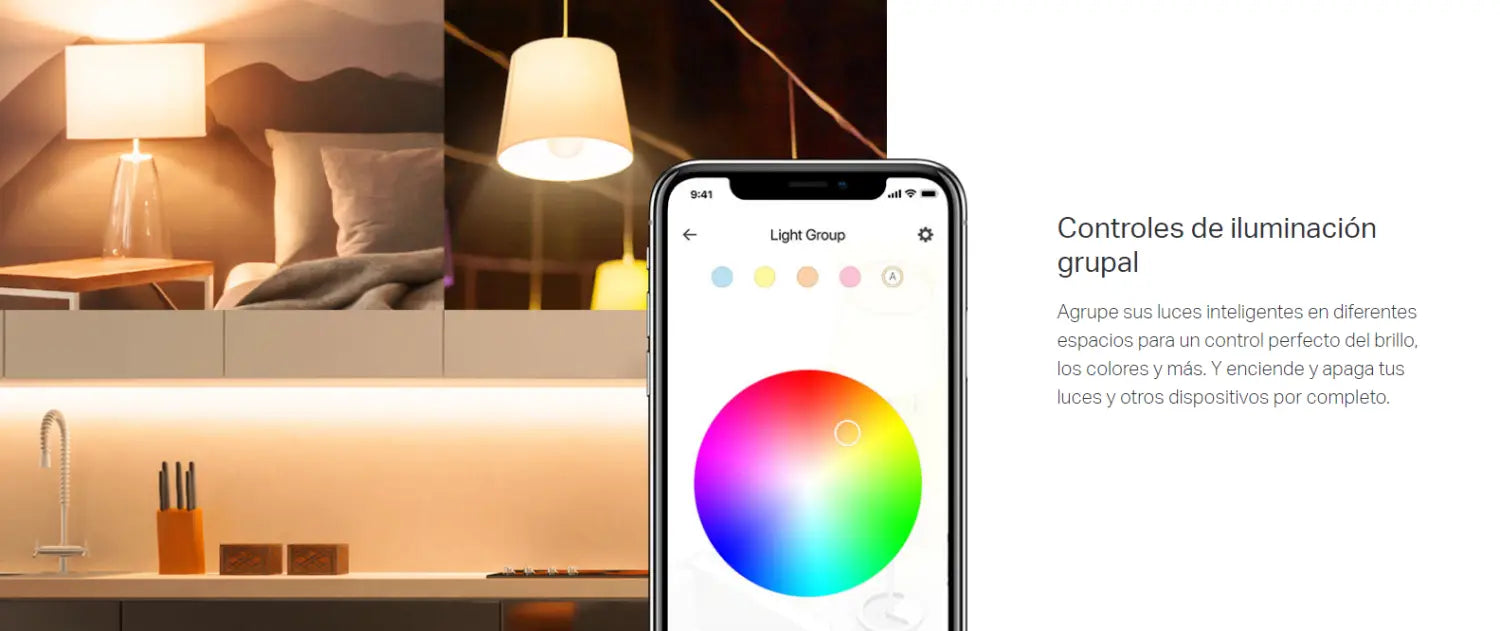 Smartphone mostrando controles de iluminación de Bombillo Inteligente LED Multicolor Kasa Smart.