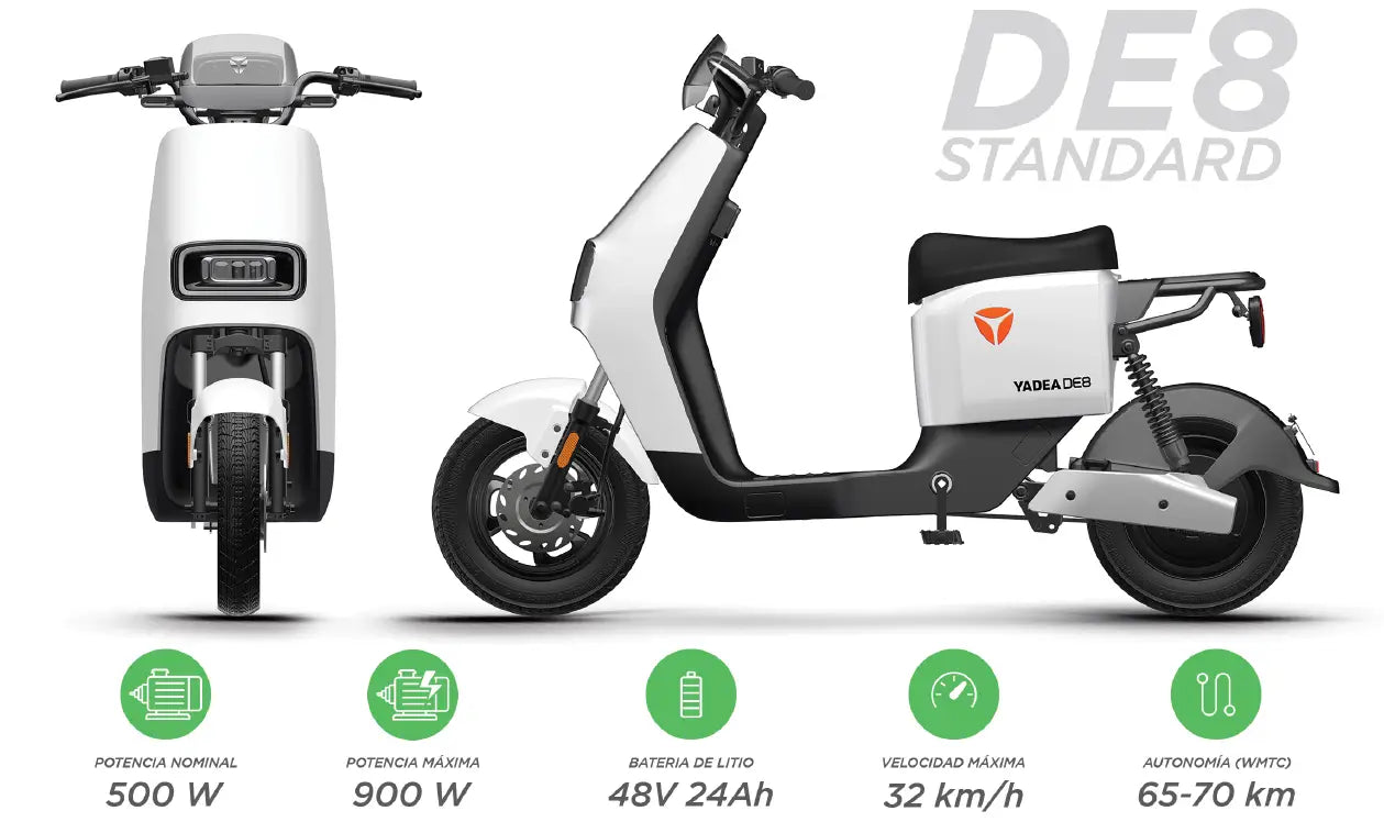 Scooter eléctrico blanco con especificaciones del Yadea DE8 Standard.