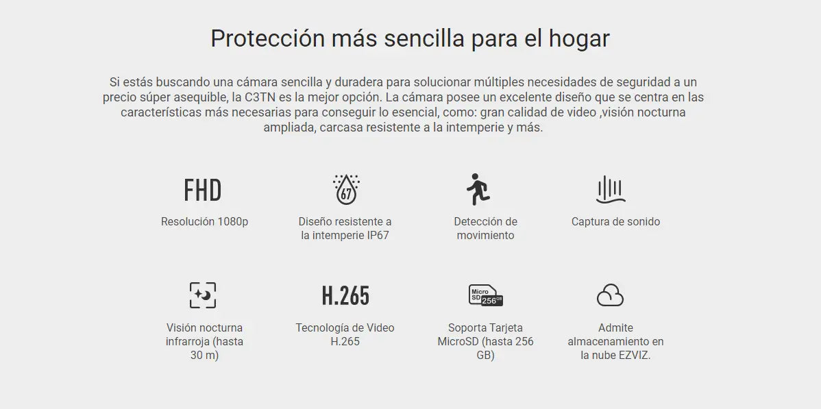Características de la Cámara de Seguridad Inteligente EZVIZ C3TN con visión nocturna y Ezviz Cloud.