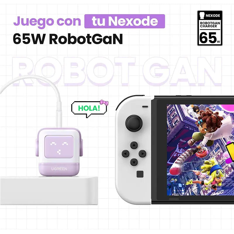 Cargador de Pared - Doble Puerto USB-C + USB-A - 65W - Ugreen Nexode Robot PD GaN Rosado (CD361) yapcr.com Costa Rica