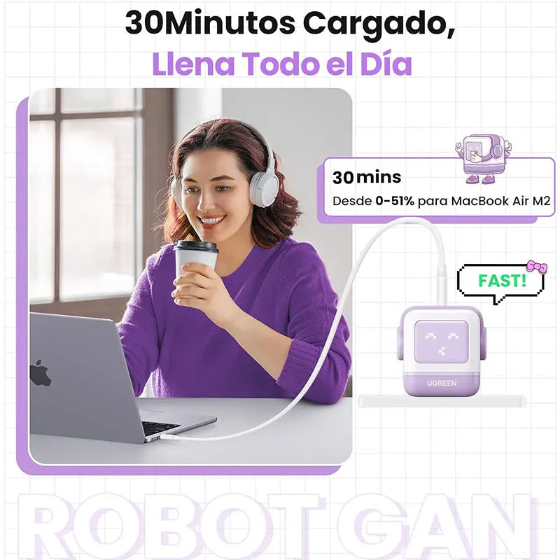 Cargador de Pared - Doble Puerto USB-C + USB-A - 65W - Ugreen Nexode Robot PD GaN Rosado (CD361) yapcr.com Costa Rica