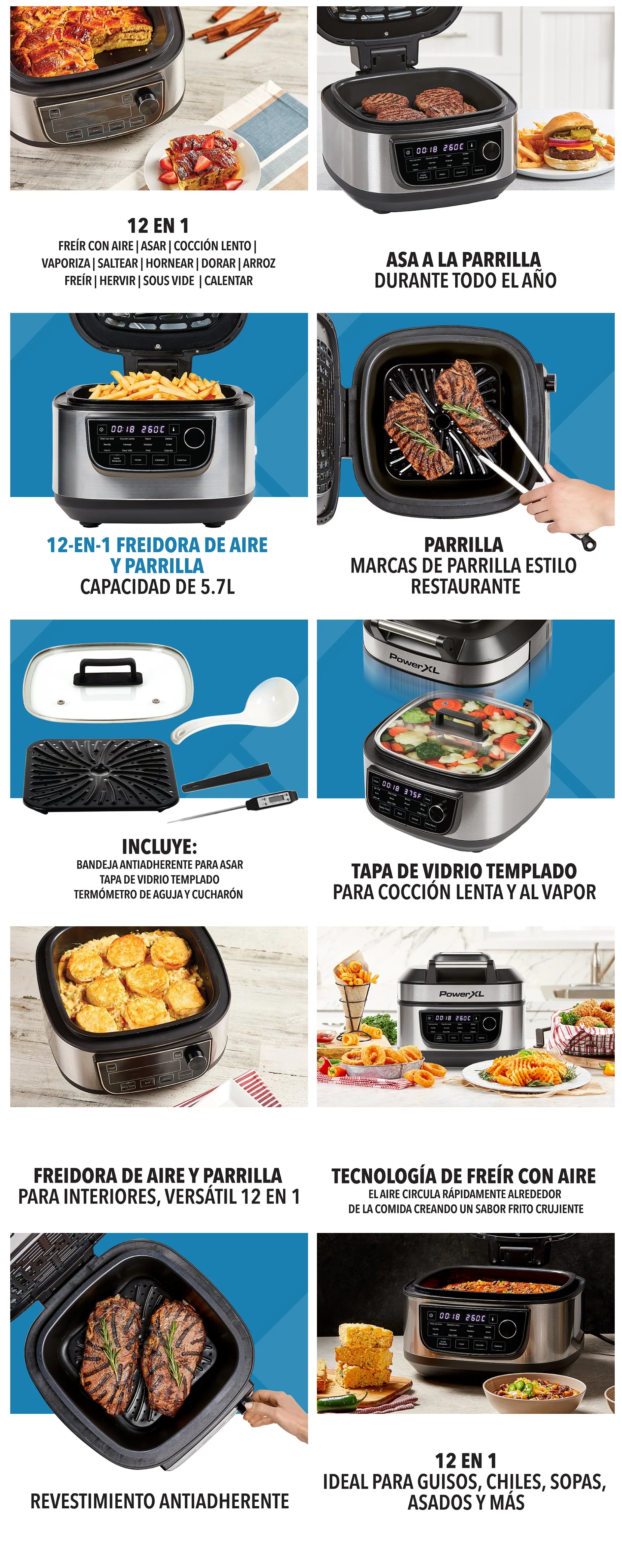 Freidora de Aire PowerXL 5.7 Litros con funciones automáticas para cocción lenta y parrilla.