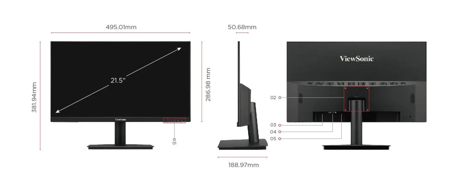 Dimensiones del monitor Viewsonic VA 22’’ Full HD 1080p para imágenes fluidas.