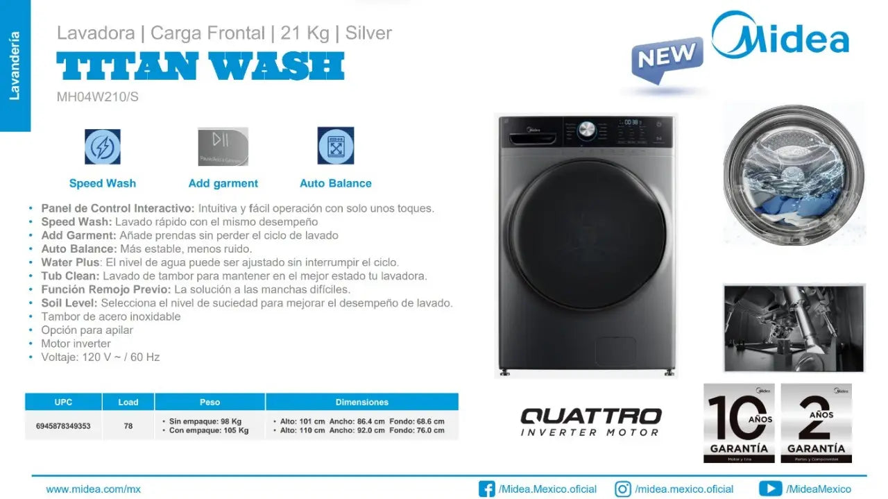 Lavadora carga superior Midea Titan Wash con tecnología wave impeller y lavado anti-enredo